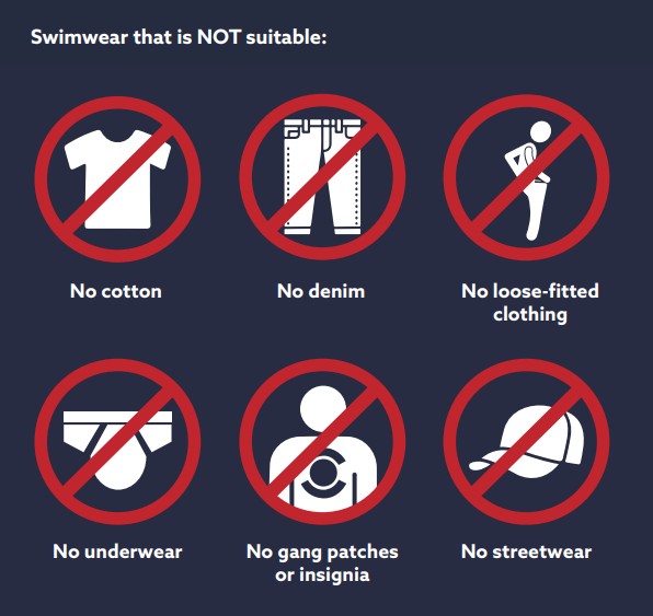 Image shows types of clothing that is not suitable to wear at H2O Xtream.
